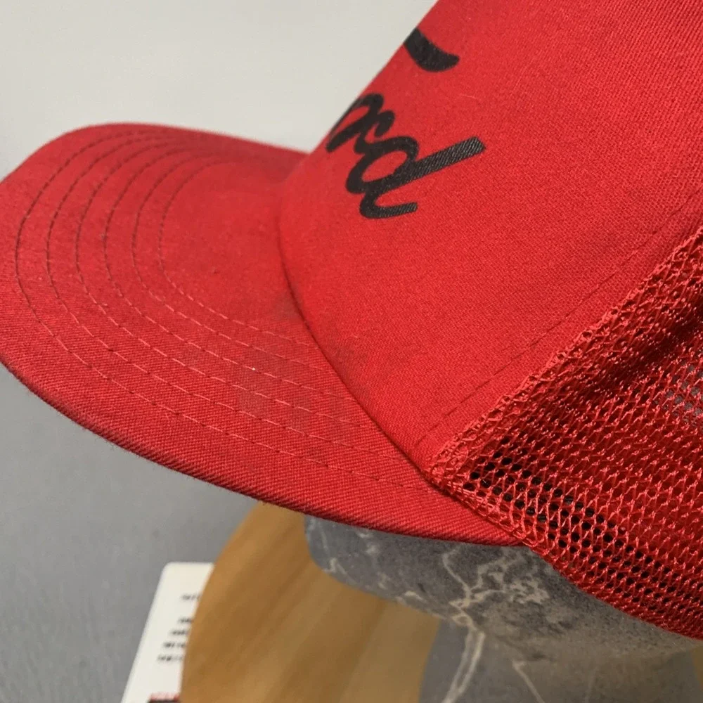 Vtg 80s Ford Script Trucker Hat Red Canvas Mesh Snapback Made In USA Cap